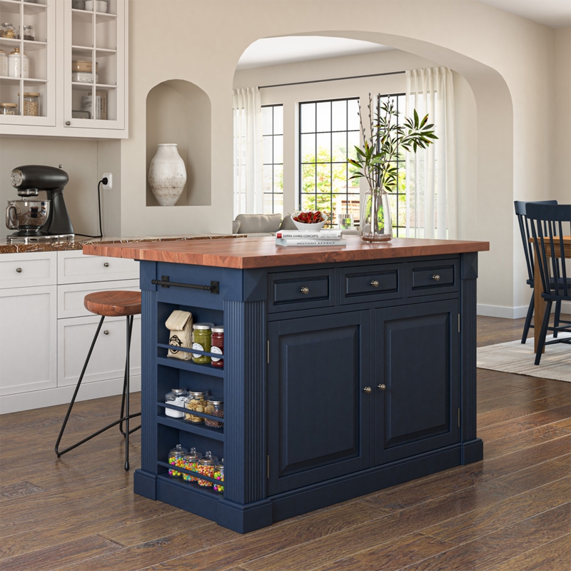 Navy Blue Kitchen Island with Integrated Side Shelves Wood Top