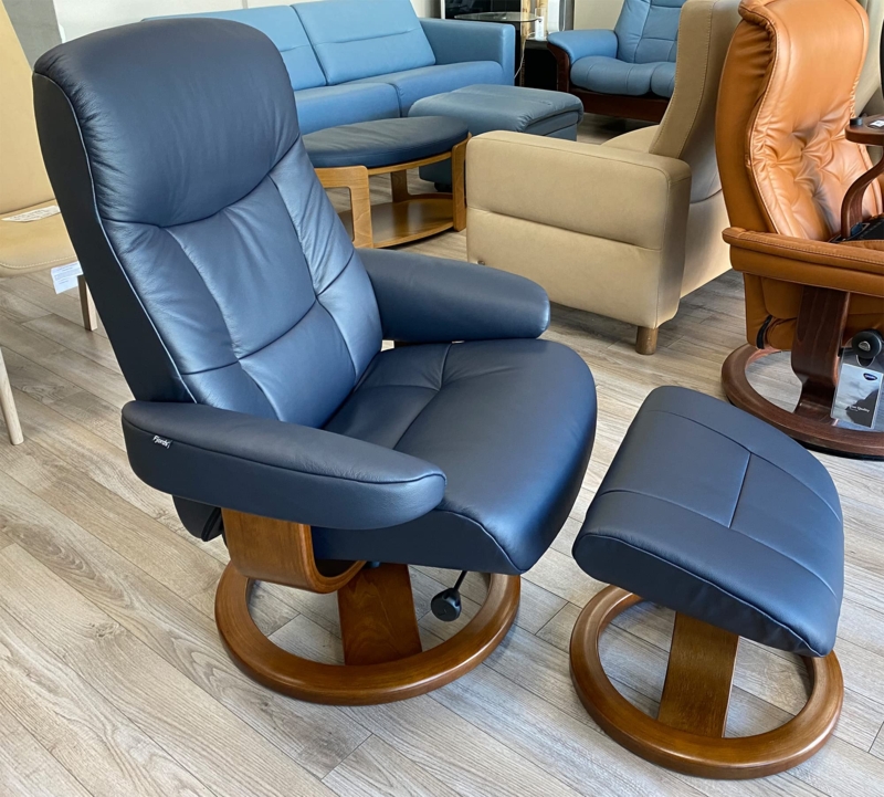 Navy Blue Leather-Like Recliner and Ottoman with Wood Swivel Base