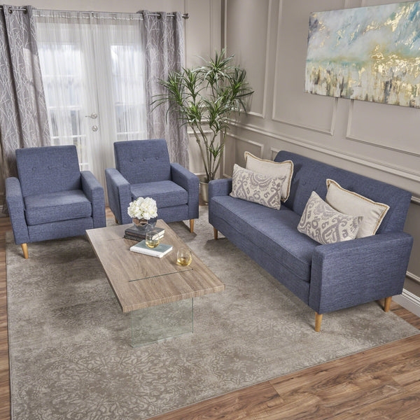 Navy Blue Mid-Century Modern Set Button Tufted Tapered Legs Upholstered