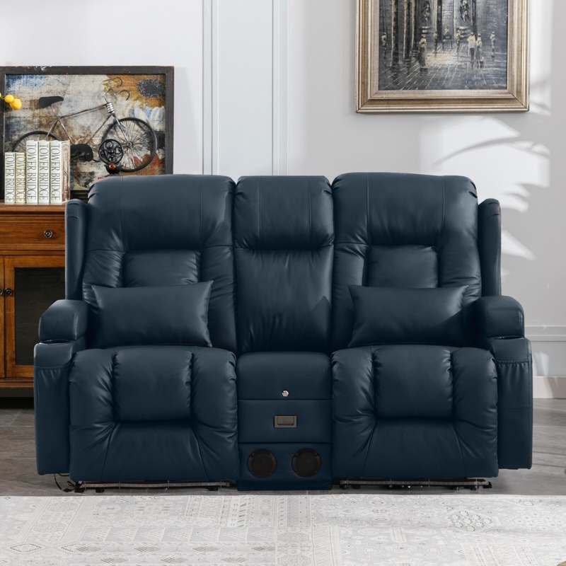 Navy Blue Power Recliner Home Theater Console Integrated Speakers