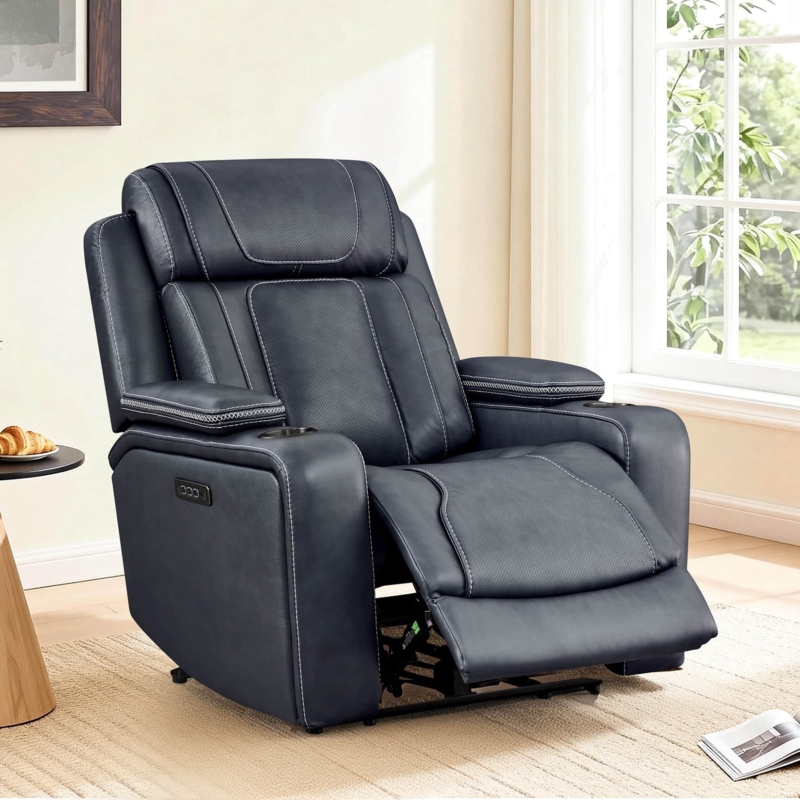 Navy Blue Power Recliner with Triple Motor Controls and Leather Look.