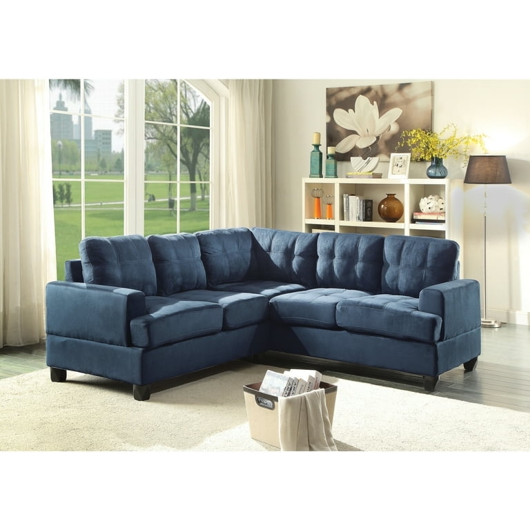 Navy Blue Sectional Sofa with Tufted Back Cushions and Track Arms
