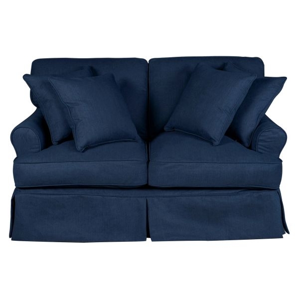Navy Blue Slipcovered Loveseat with Skirted Base and Rolled Arms