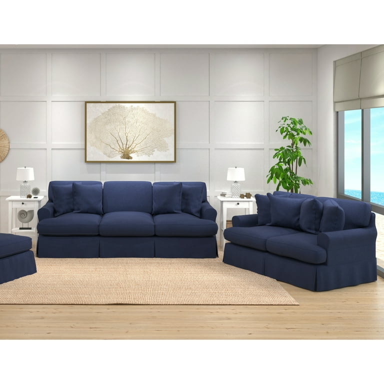 Navy Blue Slipcovered Sofa Set with Skirted Base and Box Cushions