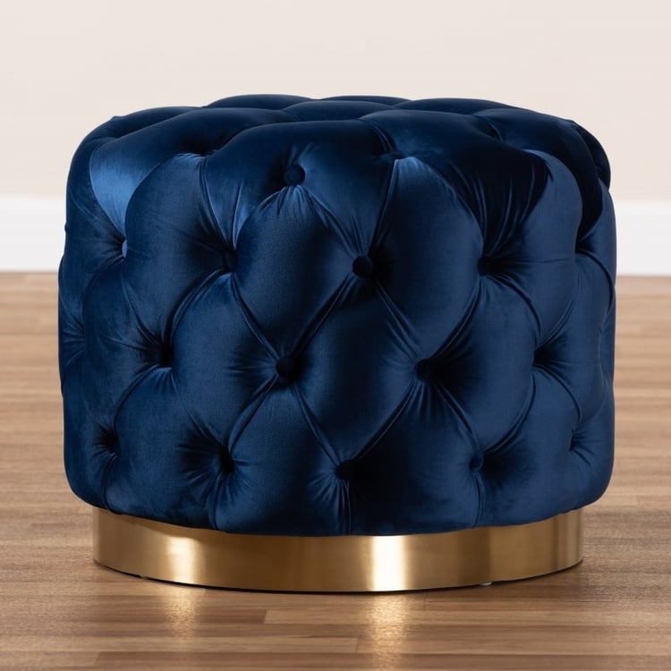 Navy Blue Tufted Ottoman, Round Velvet Footstool with Gold Base