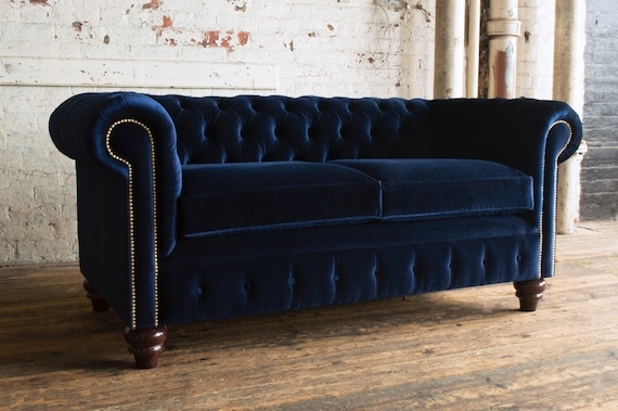 Navy Blue Velvet Chesterfield Sofa with Brass Nailhead Trim