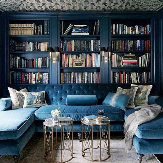 Navy Blue Velvet Sectional Sofa with Tufted Backrest
