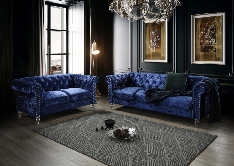 Navy Blue Velvet Sofa, Button Tufting, Acrylic Tapered Legs