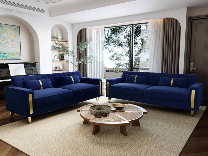 Navy Blue Velvet Sofa Set Gold Legs Channel Tufted Modern