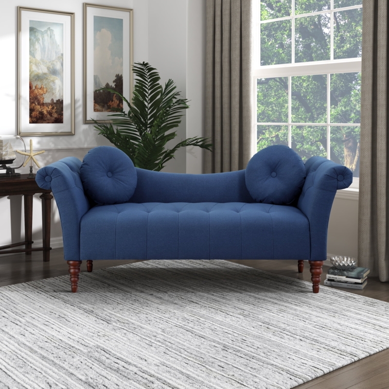 Navy Blue Woven Settee with Rolled Arms and Tufted Seat