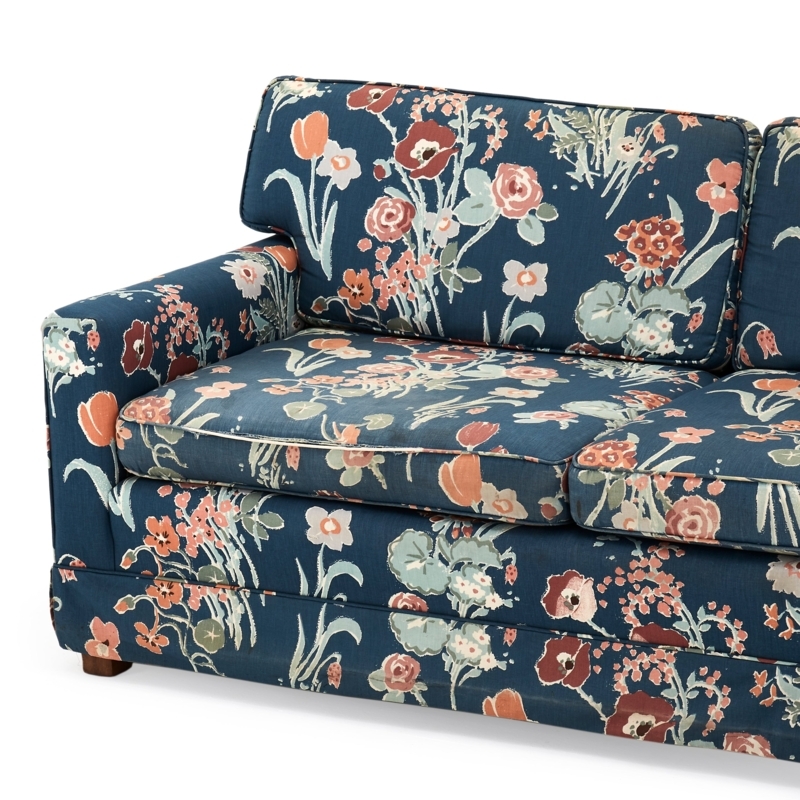 Navy Floral Upholstery Sofa with Square Arms and Welted Cushion Edges