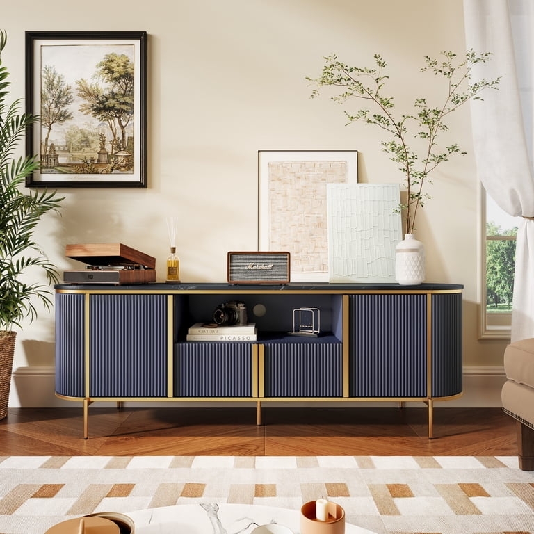 Navy Fluted TV Stand Gold Frame Faux Marble Top Curved Ends Glam