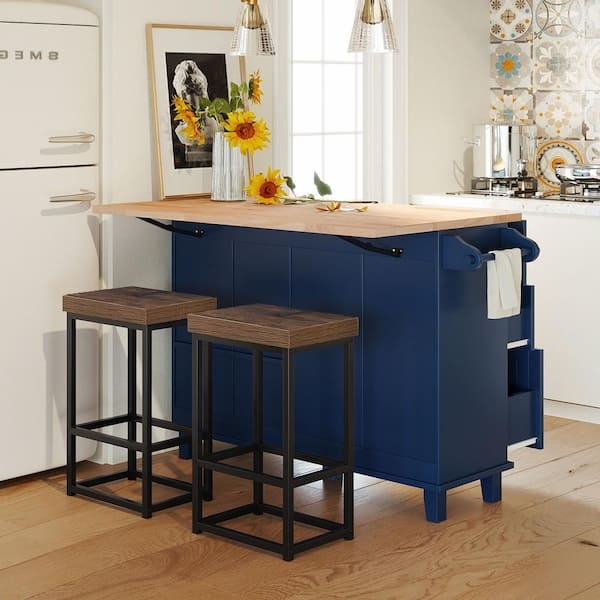Navy Kitchen Island with Extended Wood Top and Seating