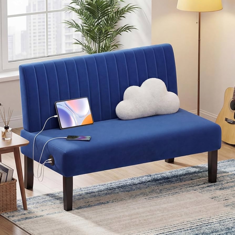 Navy Velvet Armless Loveseat with USB Charging Ports