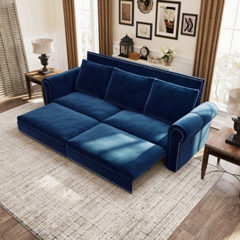Navy Velvet Chesterfield Sleeper Sofa with Nailhead Trim