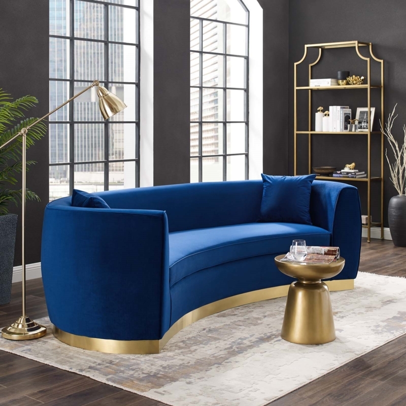 Navy Velvet Curved Sofa Tuxedo Arms and Gold Base