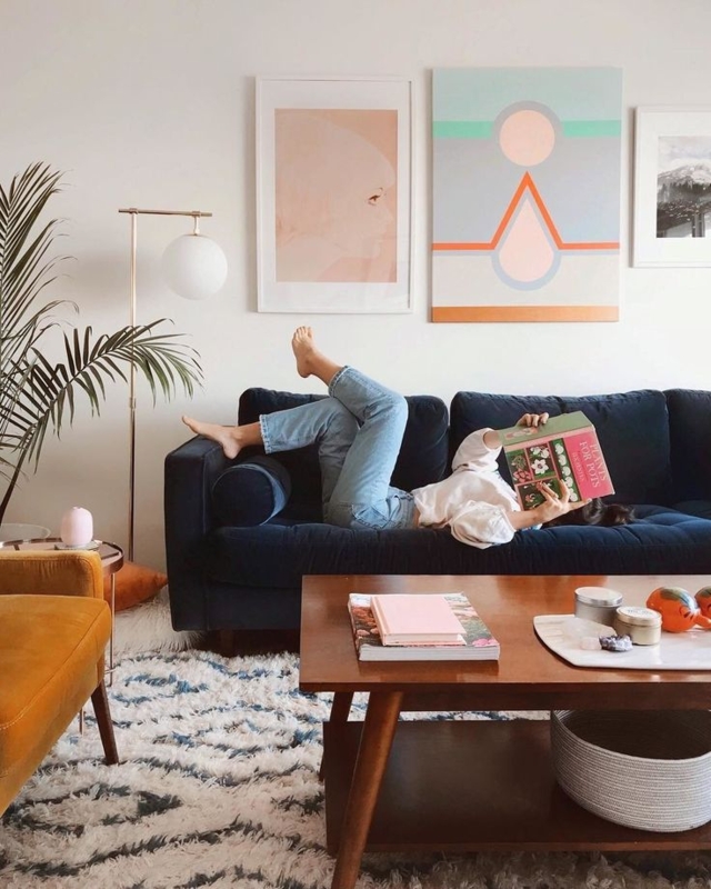Navy Velvet-Like Sofa, Bolster Pillows, Eclectic Style
