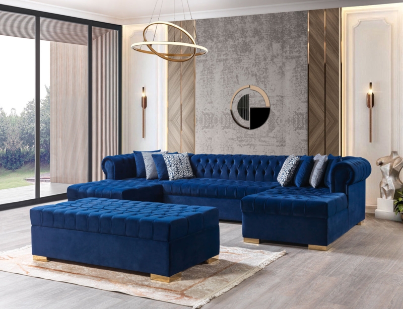 Navy Velvet Sectional Sofa, Double Chaise, Tufted, Gold Feet