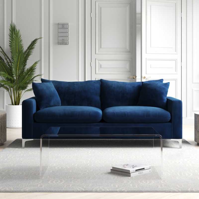 Navy Velvet Sofa with Square Arms and Chrome Legs