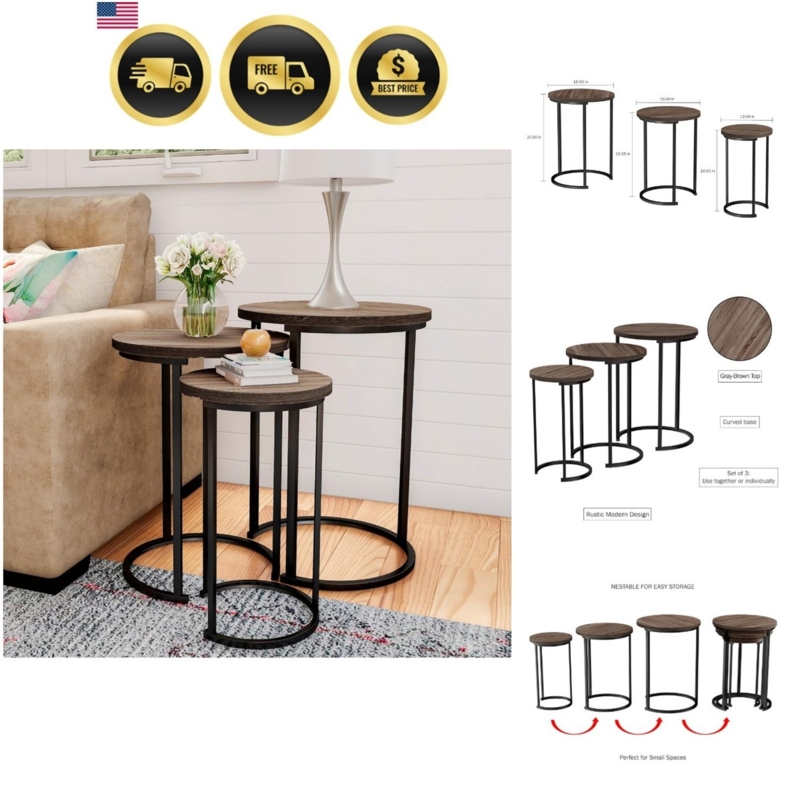 Nesting Accent Tables Round Gray-Brown Wood C-Shaped Rustic Modern Set