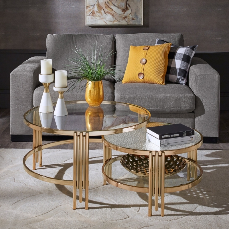 Nesting Coffee Table Round Champagne Gold Textured Glass Top