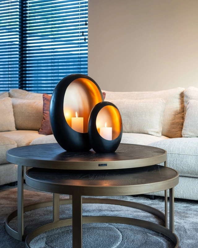 Nesting Coffee Table Round Dark Wood Top Brass Frame