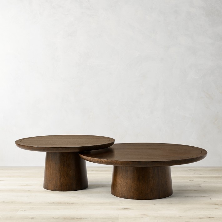 Nesting Coffee Table: Round Tiered Design, Warm Nutmeg Wood Finish. Minimalist.