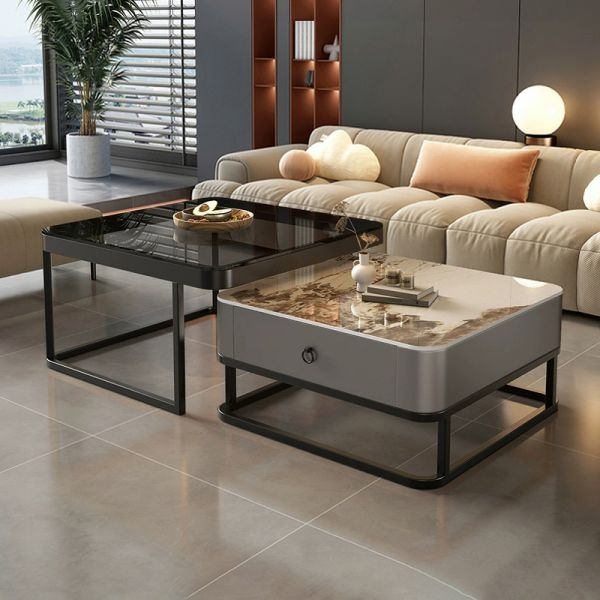 Nesting Coffee Table Set Black Glass Stone Pattern Drawer Storage Metal