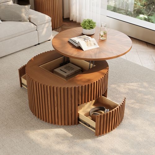 Nesting Coffee Table Set Fluted Base Stone and Wood Tops