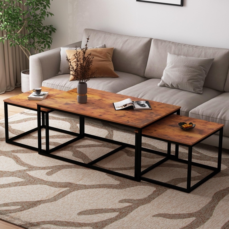 Nesting Coffee Table Set Industrial Metal Wood Tones 3 Piece
