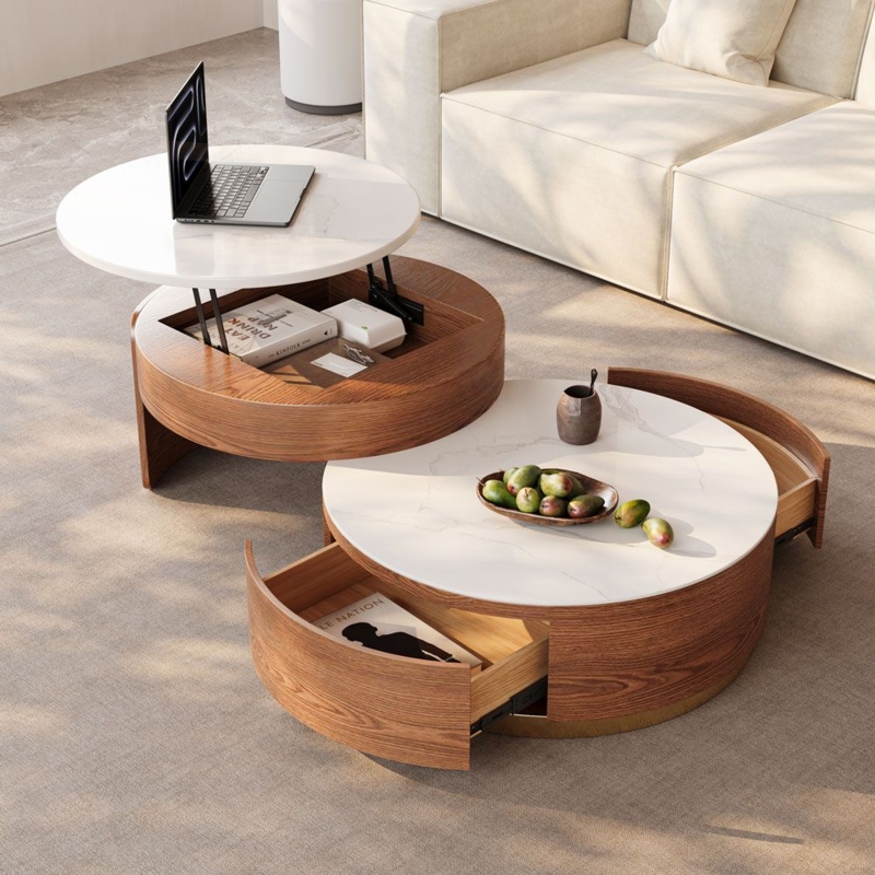 Nesting Coffee Table Set Lift Top Drawer Storage Round Silhouette