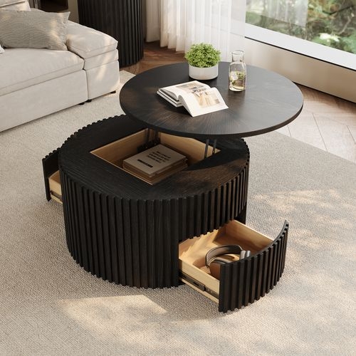 Nesting Coffee Table Set Stone Look Fluted Base Round