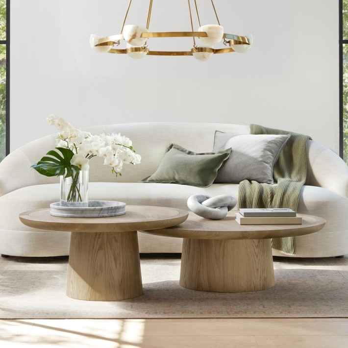 Nesting Coffee Table Set: Thick Pedestal Base, Round Wood. Organic modern.
