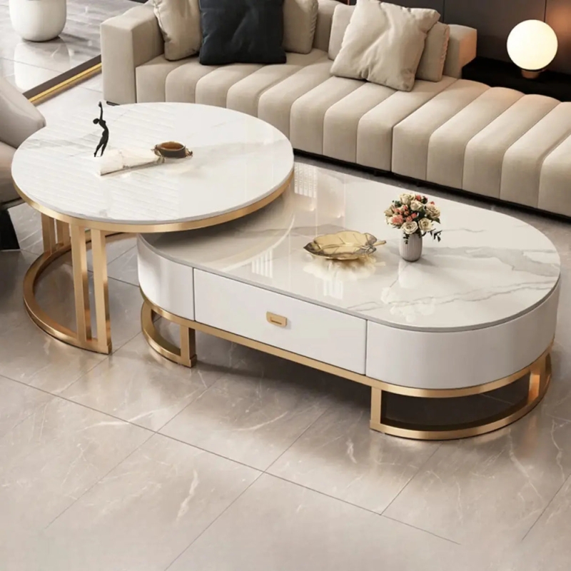 Nesting Coffee Table Set White Stone Top Gold Base Drawer