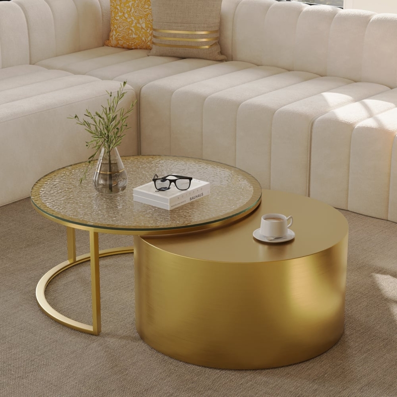 Nesting Coffee Table Set with Hammered Glass and Drum Base Pairing