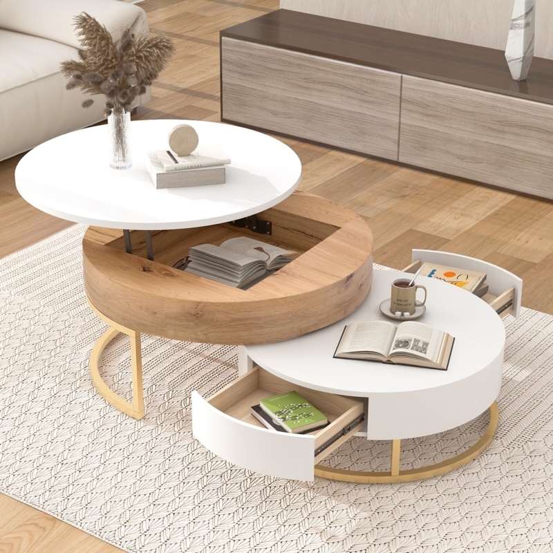 Nesting Coffee Table Set with Lift Top and Gold Metal Base