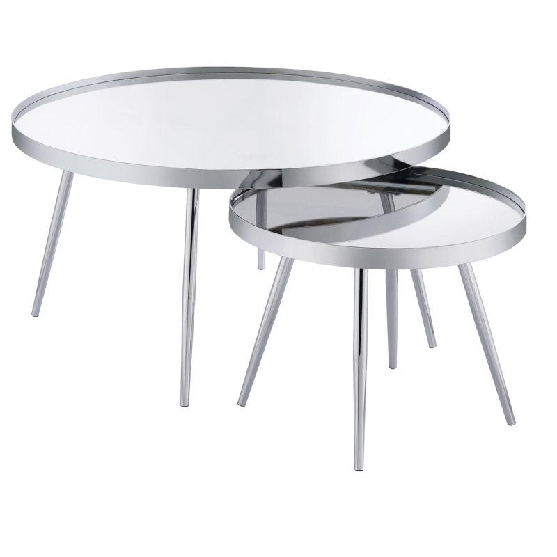 Nesting Coffee Table Set with Round Mirrored Tops and Tapered Metal Legs