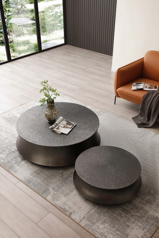 Nesting Coffee Tables Drum Base Sunburst Ribbed Top Tapered Set