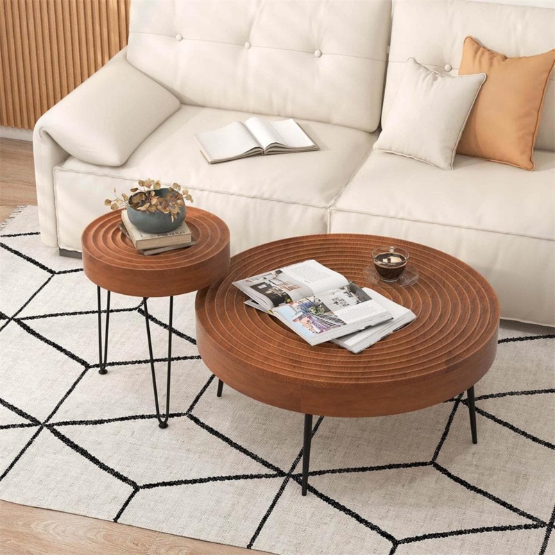 Nesting Coffee Tables Ripple Texture Top Round Wood Toned Modern