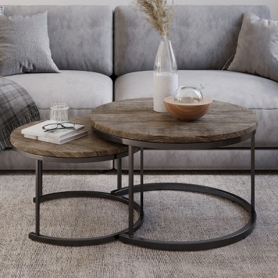 Nesting Coffee Tables Round Set Weathered Wood Top Circular Frame