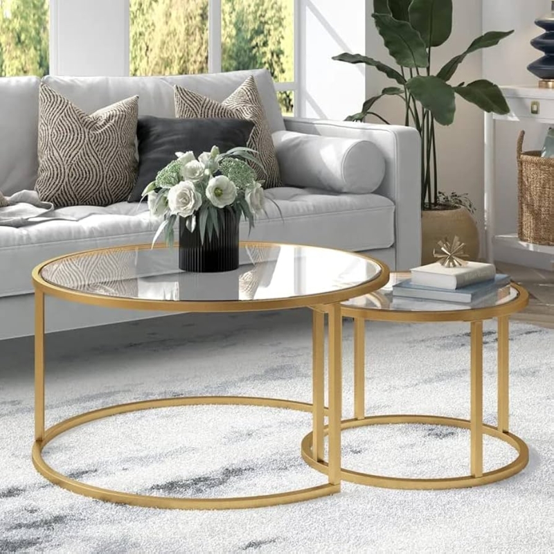 Nesting Coffee Tables Set of 2 Round Glass Top Gold Frame Polished