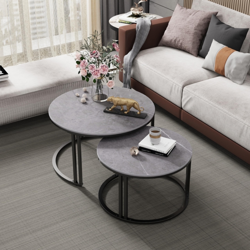 Nesting Coffee Tables Set Stone Like Tops Black Double Pole Legs