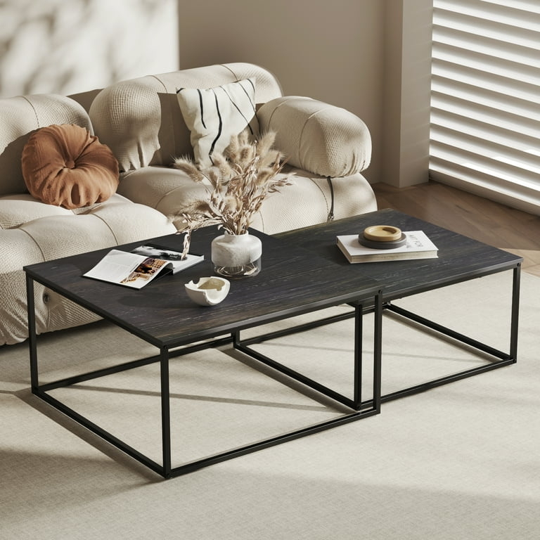 Nesting Coffee Tables Square Dark Wood Black Metal Frame