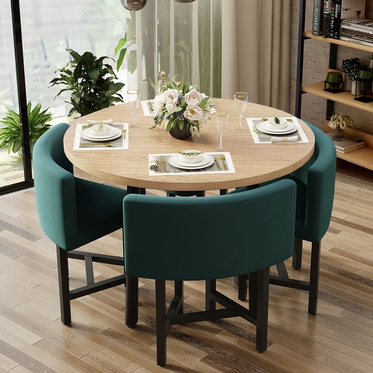 Nesting Dining Table Set with Round Oak Top and Teal Chairs