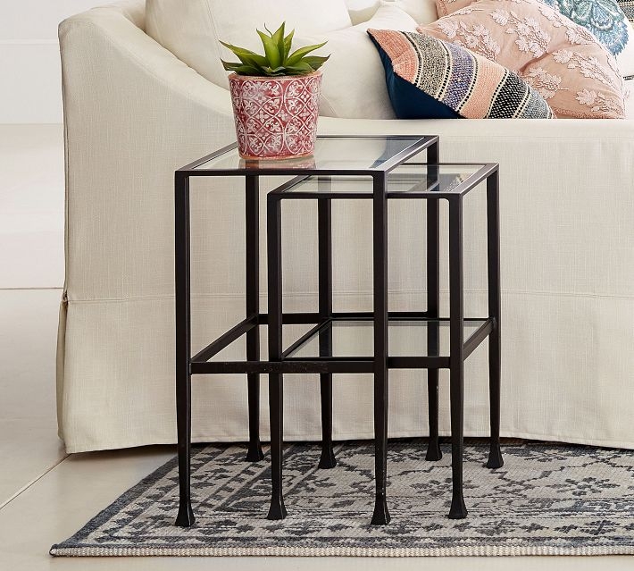 Nesting End Tables Flared Feet Glass Top Metal Frame Set