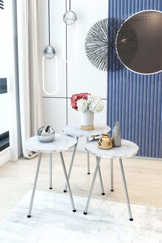 Nesting End Tables marble pattern silver tripod legs set of 3 glam