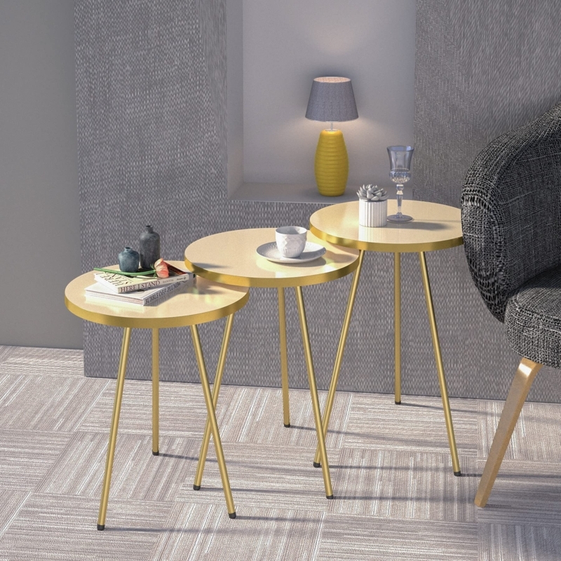 Nesting End Tables Round Beige Tops Gold Tripod Legs Small Space Set