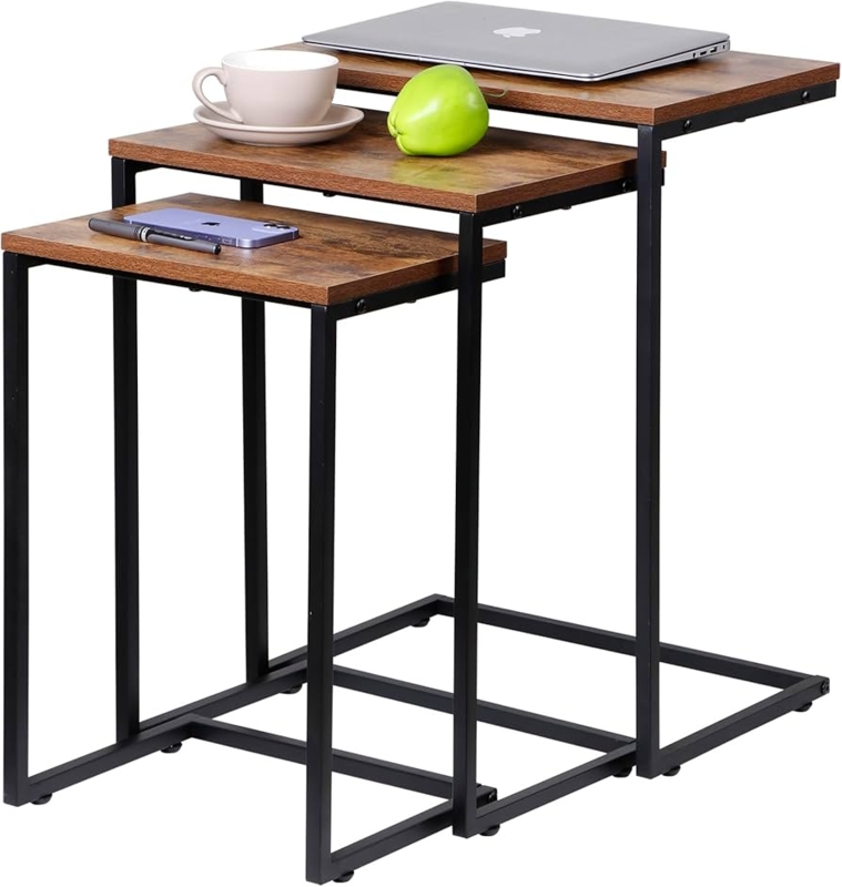 Nesting Set C-Shaped Black Metal Square Tubing Wood Tops End Tables