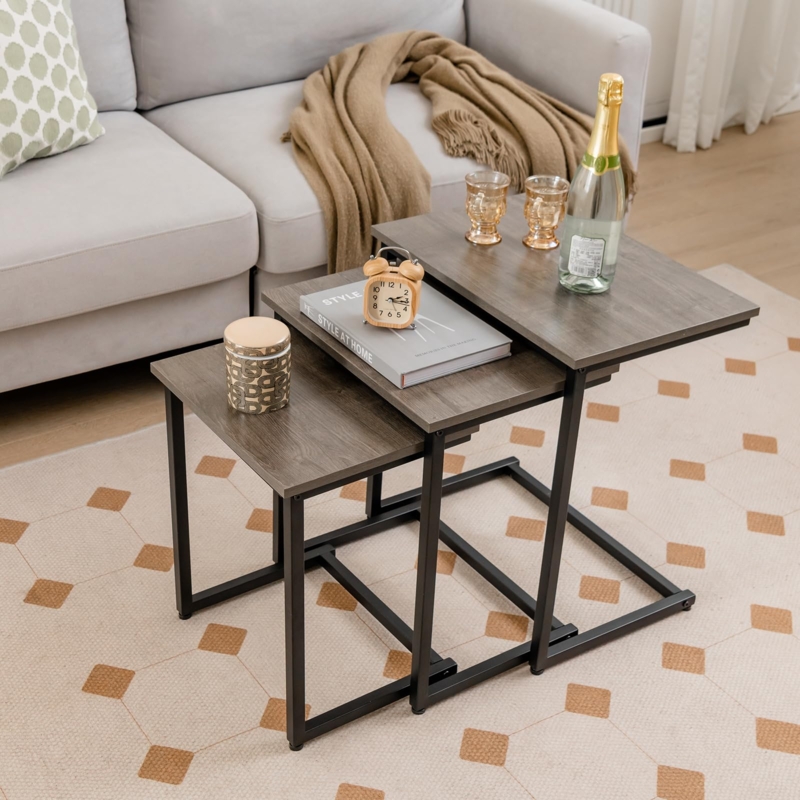 Nesting Side Tables Rectangular Weathered Gray C-Frame Industrial Set