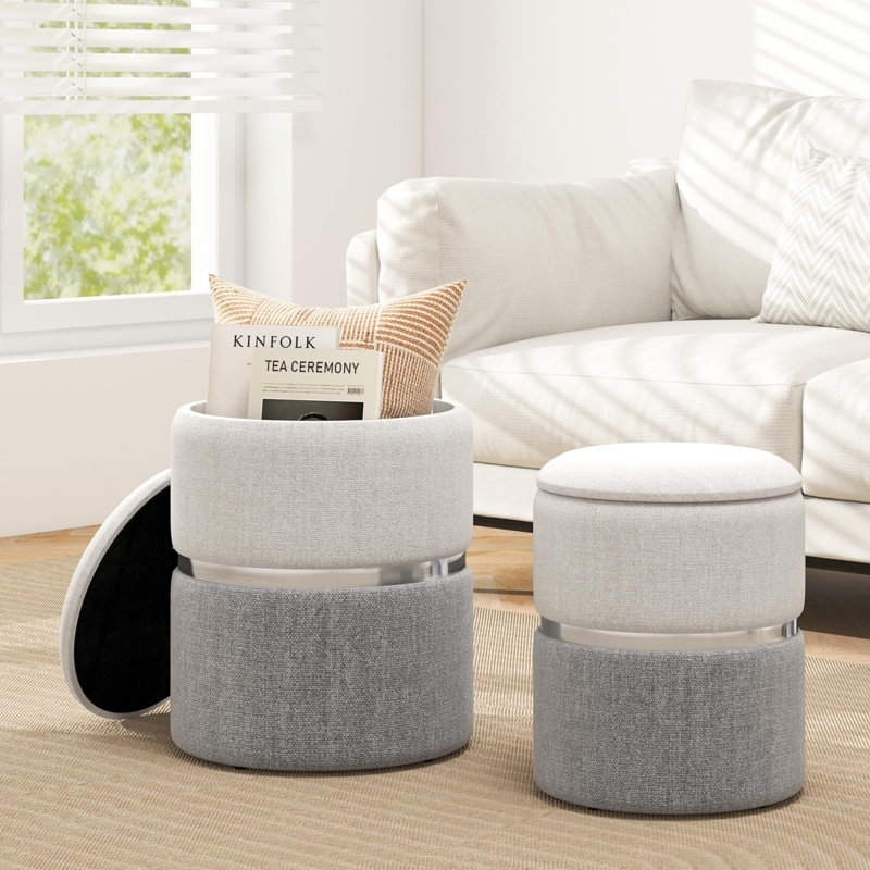 Nesting Storage Ottoman Set Two-Tone Gray Polished Silver Band